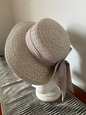 Nine West Woven Straw Sun Hat in Taupe with Ribbon Tied in a Bow